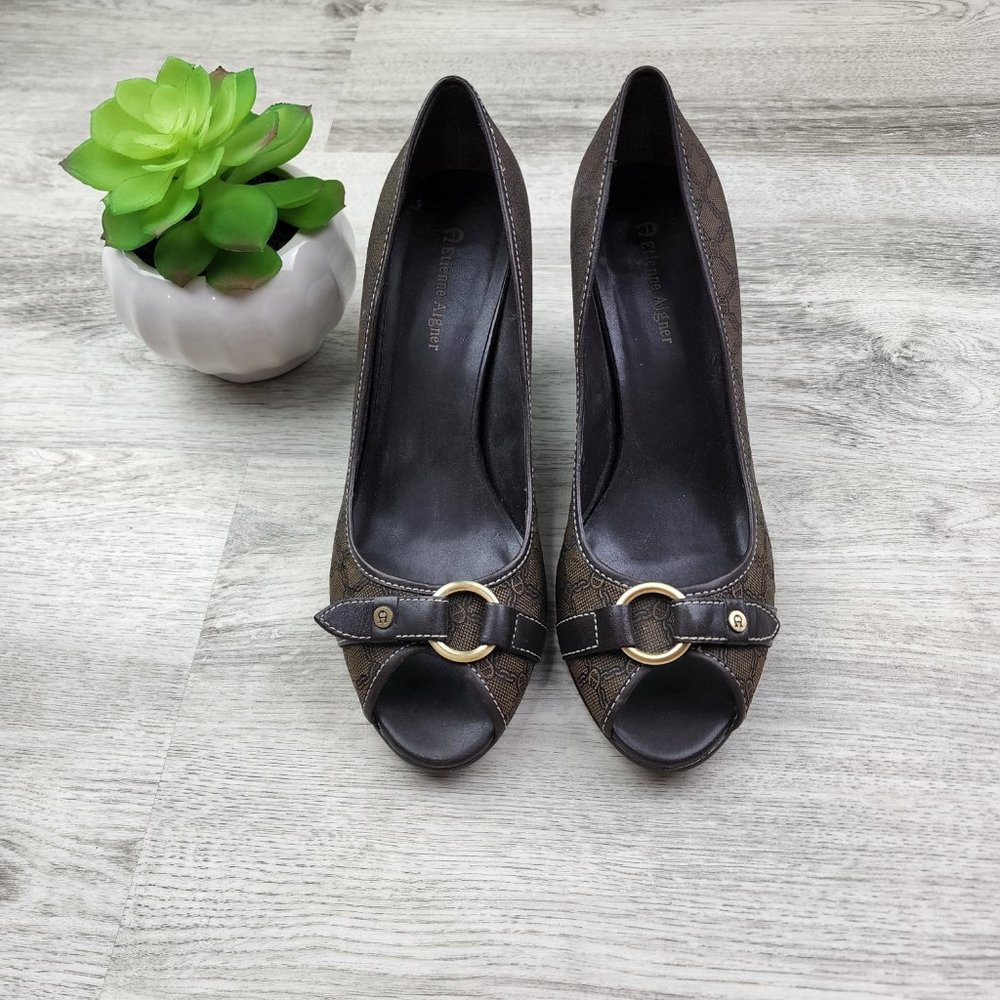 Etienne Aigner Shoes Signature Open Toe Heels W/Buckle and Logo Brown Size 8.5
